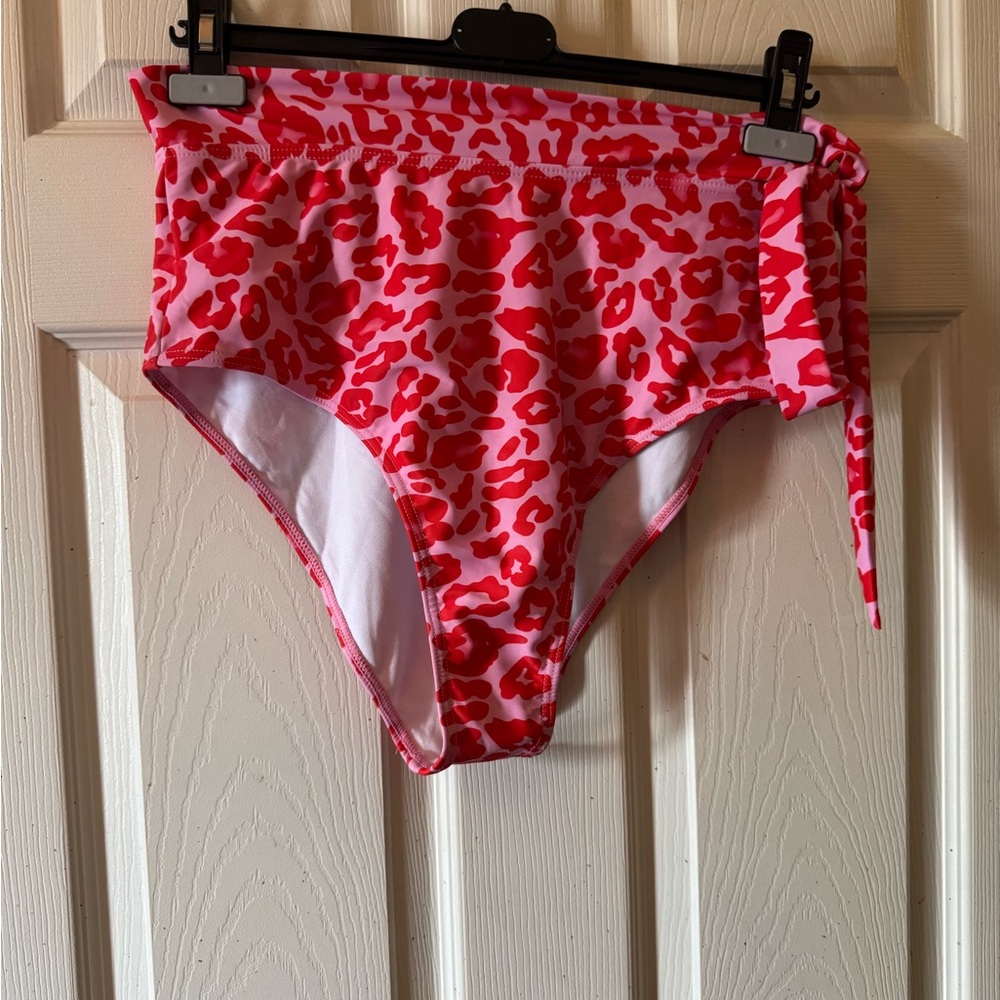 Red and Pink Leopard Print High-Waisted Bikini Bottoms NWOT